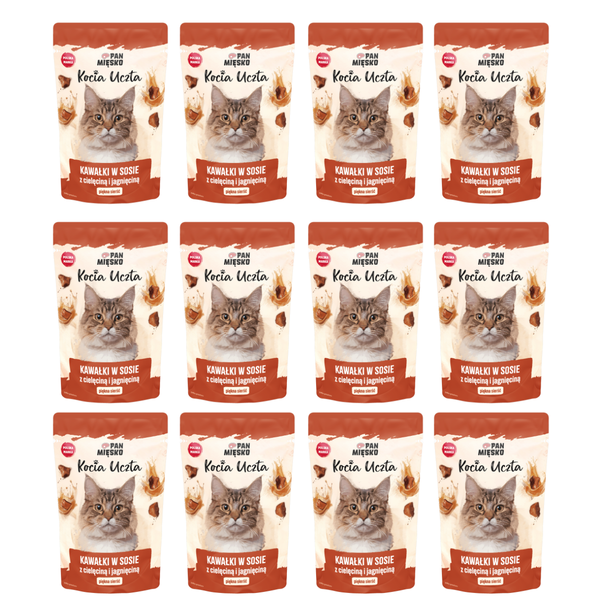 Zestaw Karma mokra dla kota Pan Mięsko Kocia Uczta Kawałki w sosie z cielęciną i jagnięciną (dorosły) 85g x 12 szt.