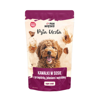 Karma mokra dla psa Pan Mięsko Psia Uczta Kawałki w sosie z przepiórką, jeleniem i wątróbką (dorosły) 150g