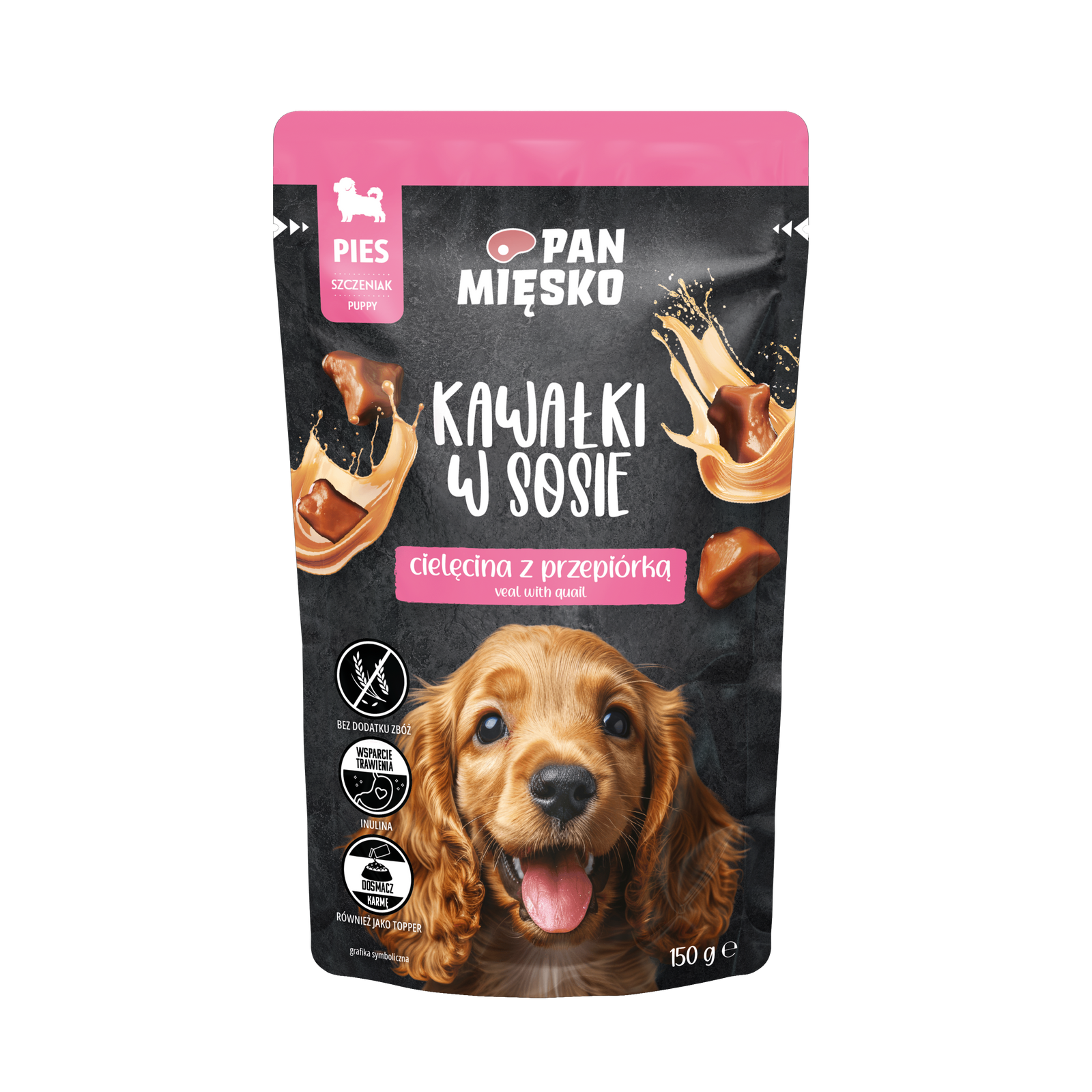 Karma mokra dla psa Pan Mięsko Kawałki w sosie Cielęcina z przepiórką (szczeniak) 150g