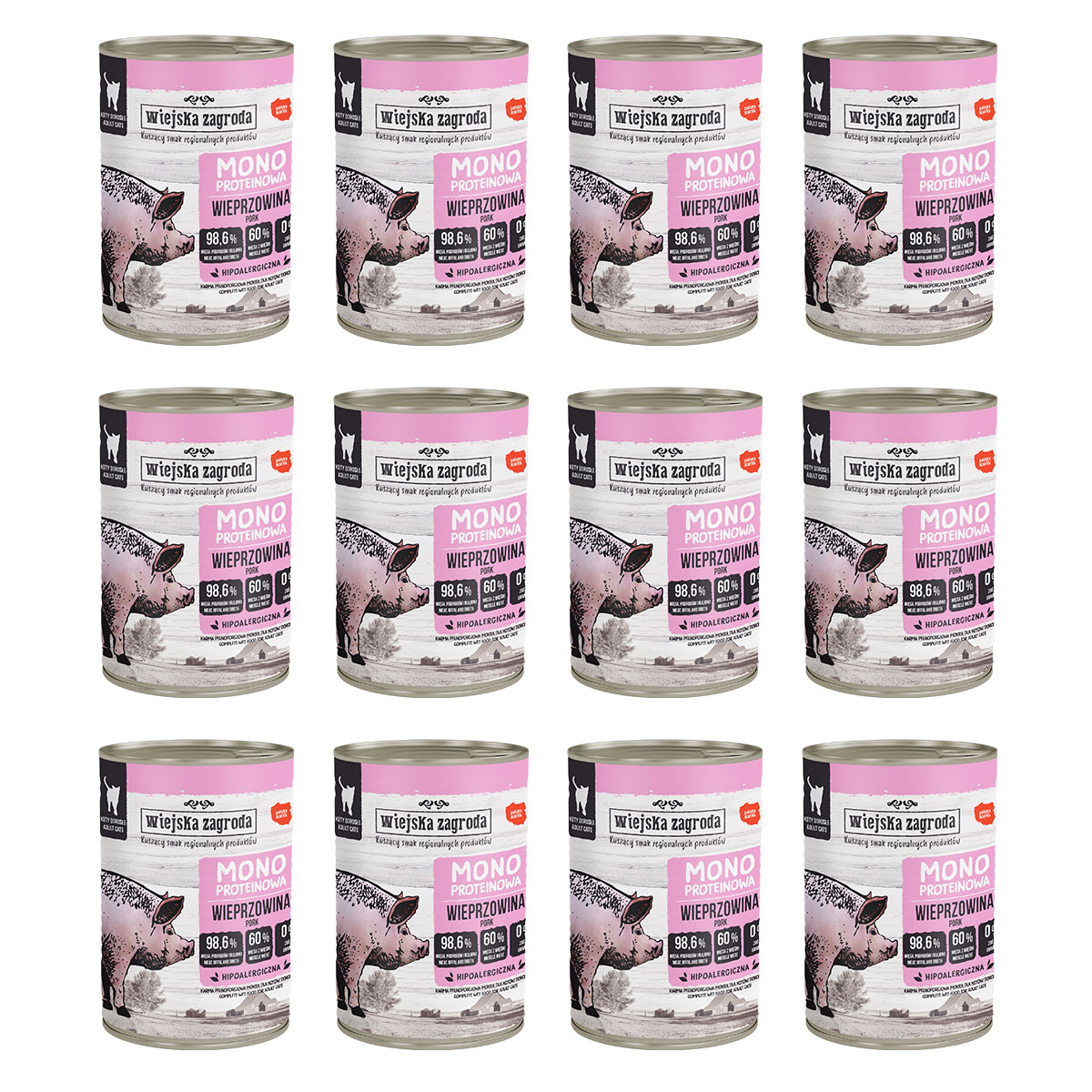 Zestaw Karma mokra dla kota Wiejska Zagroda Wieprzowina monoproteinowa 400 g x 12 szt.
