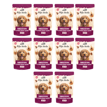 Zestaw Karma mokra dla psa Pan Mięsko Psia Uczta Kawałki w sosie z przepiórką, jeleniem i wątróbką (dorosły) 150g x 10 szt.